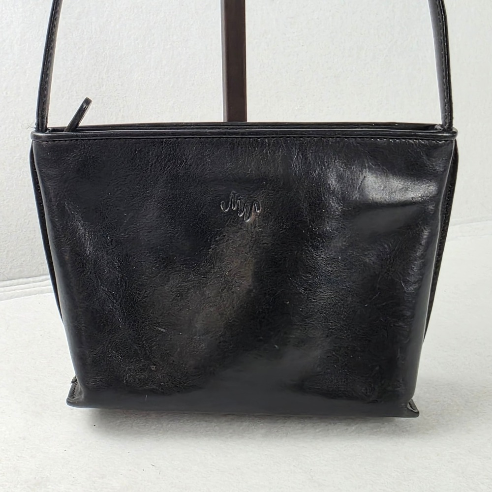Vintage Monsac Black Leather Shoulder Bag Small Zip Top Minimalist Purse - Picture 1 of 12